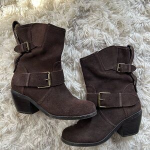 DV DOLCE VITA Brown Suede Leather Buckle Mid Calf Biker Boots Womens Size 6